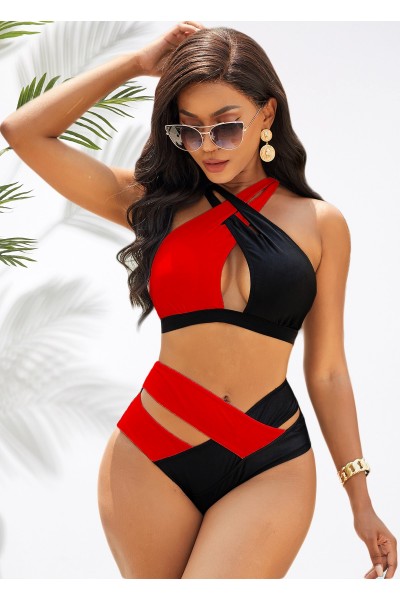 Contrast Cross Strap High Waist Bikini Set