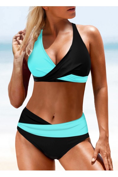 Criss Cross Neck Color Block Mid Waist Bikini Set