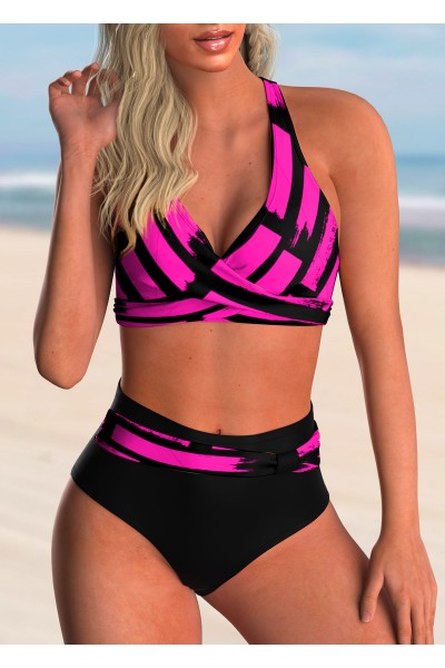 Cross Front High Waist Geometric Print Bikini Set