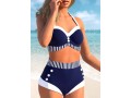 High Waisted Stripe Print Nautical Navy Blue Bikini Set