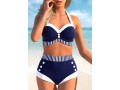 High Waisted Stripe Print Nautical Navy Blue Bikini Set