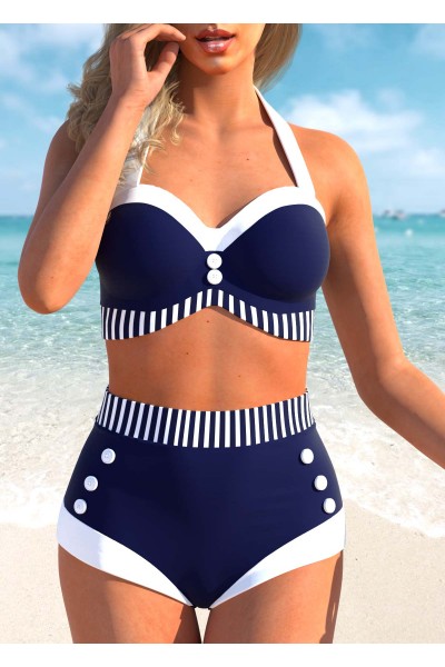 High Waisted Stripe Print Nautical Navy Blue Bikini Set