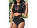 Mesh Stitching High Waisted Black Bikini Set