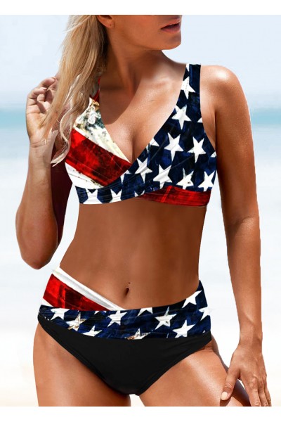 Mid Waist American Flag Print Lace Up Bikini Set