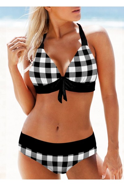 Plaid Black Mid Waist Halter Bikini Set