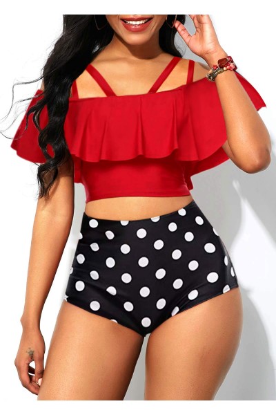 Ruffle Overlay Swimwear Top and Polka Dot High Waisted Panty