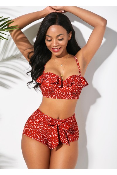 Ruffle Trim Bowknot Polka Dot Bikini Set