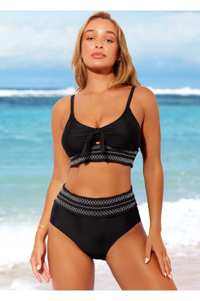 Smocked Black High Waisted Bikini Set