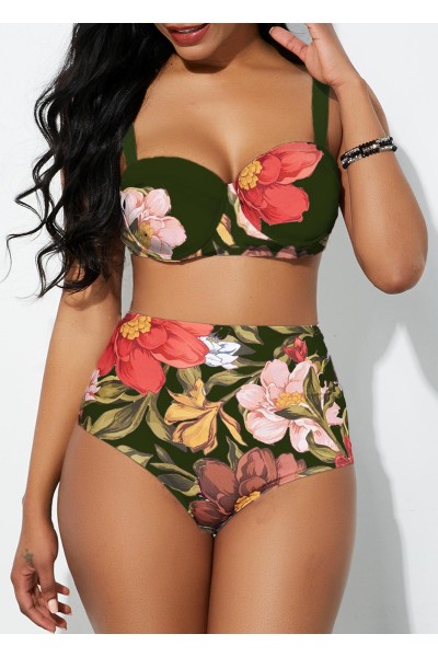 Spaghetti Strap Floral Print High Waist Bikini Set