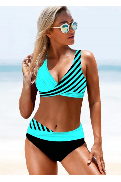 Stripe Print Lace Up Back Bikini Set