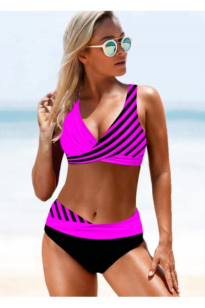 Stripe Print Lace Up Back Bikini Set