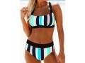 Stripe Print Spaghetti Strap Cyan Bikini Set