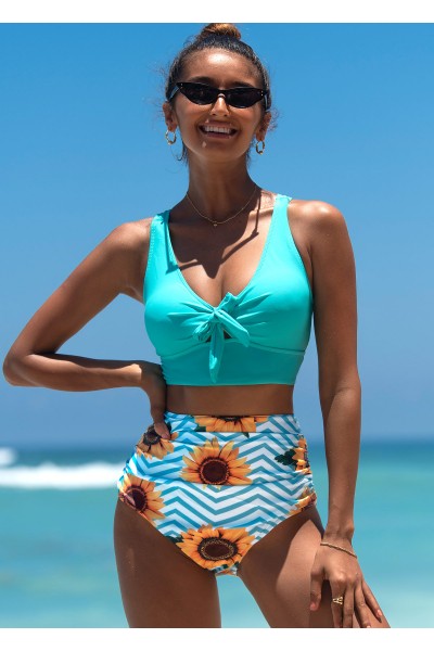 Sunflower Print Bowknot High Waisted Bikini Set