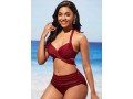 Wine Red Halter Mid Waist Bikini Set