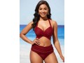 Wine Red Halter Mid Waist Bikini Set