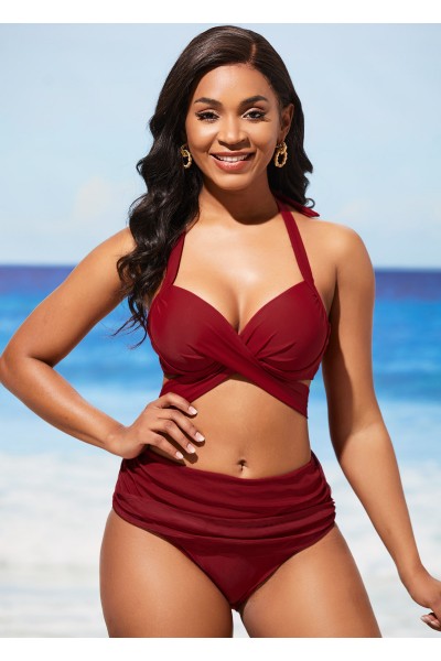 Wine Red Halter Mid Waist Bikini Set