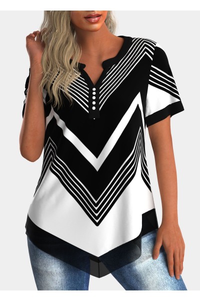 Asymmetric Hem Chiffon Panel Geometric Print Blouse