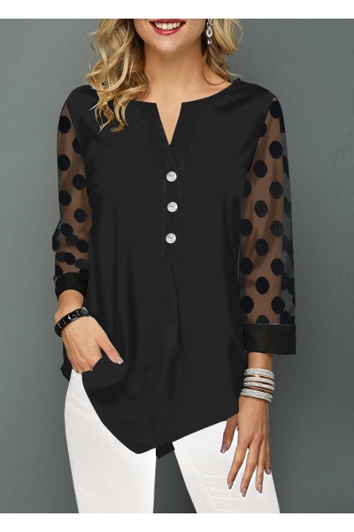 Asymmetric Hem Lace Panel Button Detail Blouse