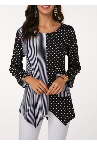 Asymmetric Hem Long Sleeve Striped Blouse