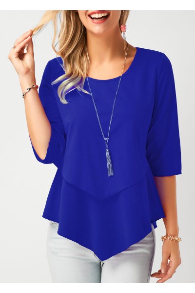 Asymmetric Hem Royal Blue Chiffon Blouse