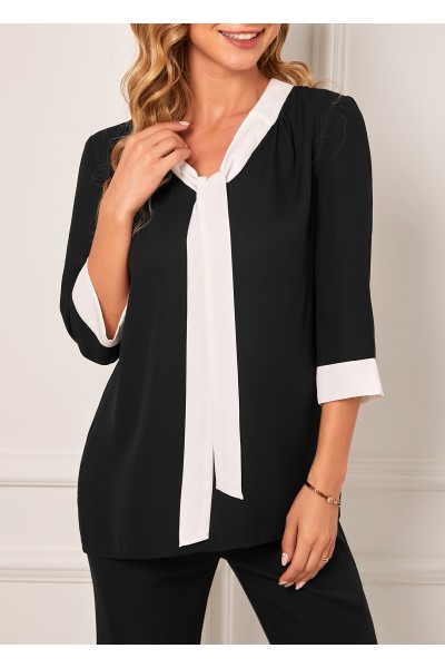 Black Contrast Tie Neck 3/4 Sleeve Blouse