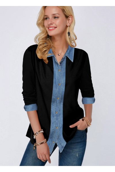 Button Up Denim Panel Turndown Collar Shirt