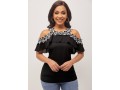 Cold Shoulder Black Flounce Lace Stitching Blouse