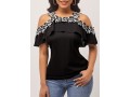 Cold Shoulder Black Flounce Lace Stitching Blouse