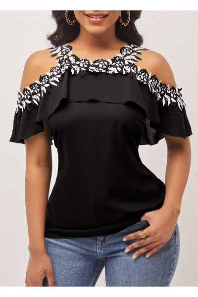 Cold Shoulder Black Flounce Lace Stitching Blouse