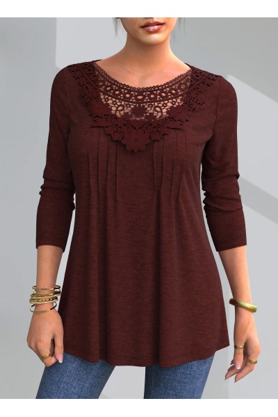 Crinkle Chest Lace Patchwork Round Neck Blouse