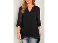 Crossover Hem Black Roll Tab Sleeve Blouse