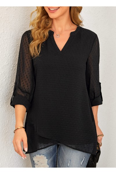 Crossover Hem Black Roll Tab Sleeve Blouse