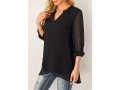 Crossover Hem Black Roll Tab Sleeve Blouse