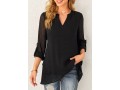 Crossover Hem Black Roll Tab Sleeve Blouse