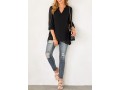 Crossover Hem Black Roll Tab Sleeve Blouse