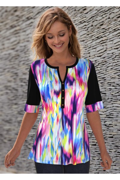 Decorative Button Tie Dye Split Neck Blouse