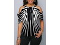 Embellished Neck Striped Cold Shoulder Blouse