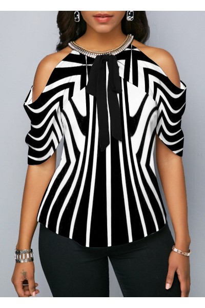 Embellished Neck Striped Cold Shoulder Blouse