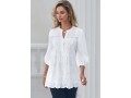 Embroidered Hollow Out Split Neck White Blouse