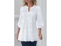 Embroidered Hollow Out Split Neck White Blouse