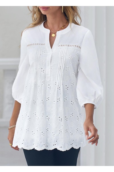 Embroidered Hollow Out Split Neck White Blouse