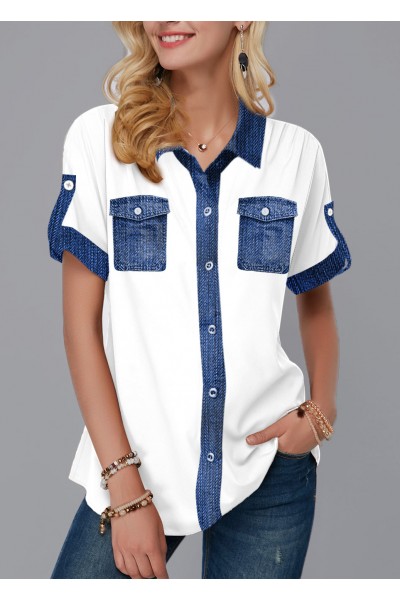 Faux Denim Button Up Turndown Collar Blouse