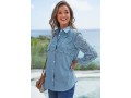 Faux Denim Lace Stitching Turndown Collar Blouse