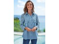 Faux Denim Lace Stitching Turndown Collar Blouse