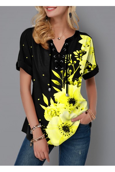 Floral Print Lace Up Short Sleeve Blouse