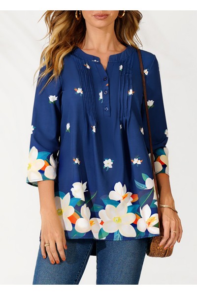 Floral Print Navy Blue Split Neck Blouse