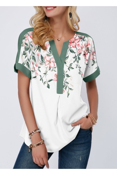 Floral Print Notch Neck Contrast Piping Blouse