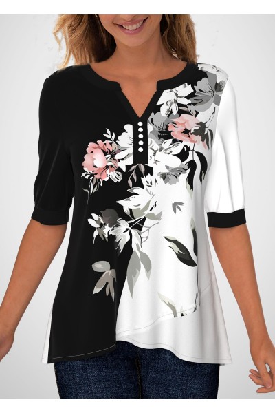 Floral Print Split Neck Decorative Button Blouse