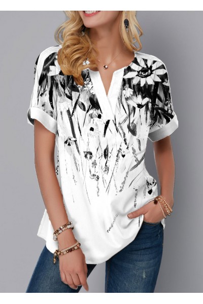 Floral Print Split Neck Ombre Blouse