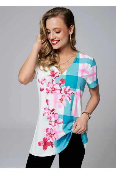 Floral Print V Neck Short Sleeve Blouse